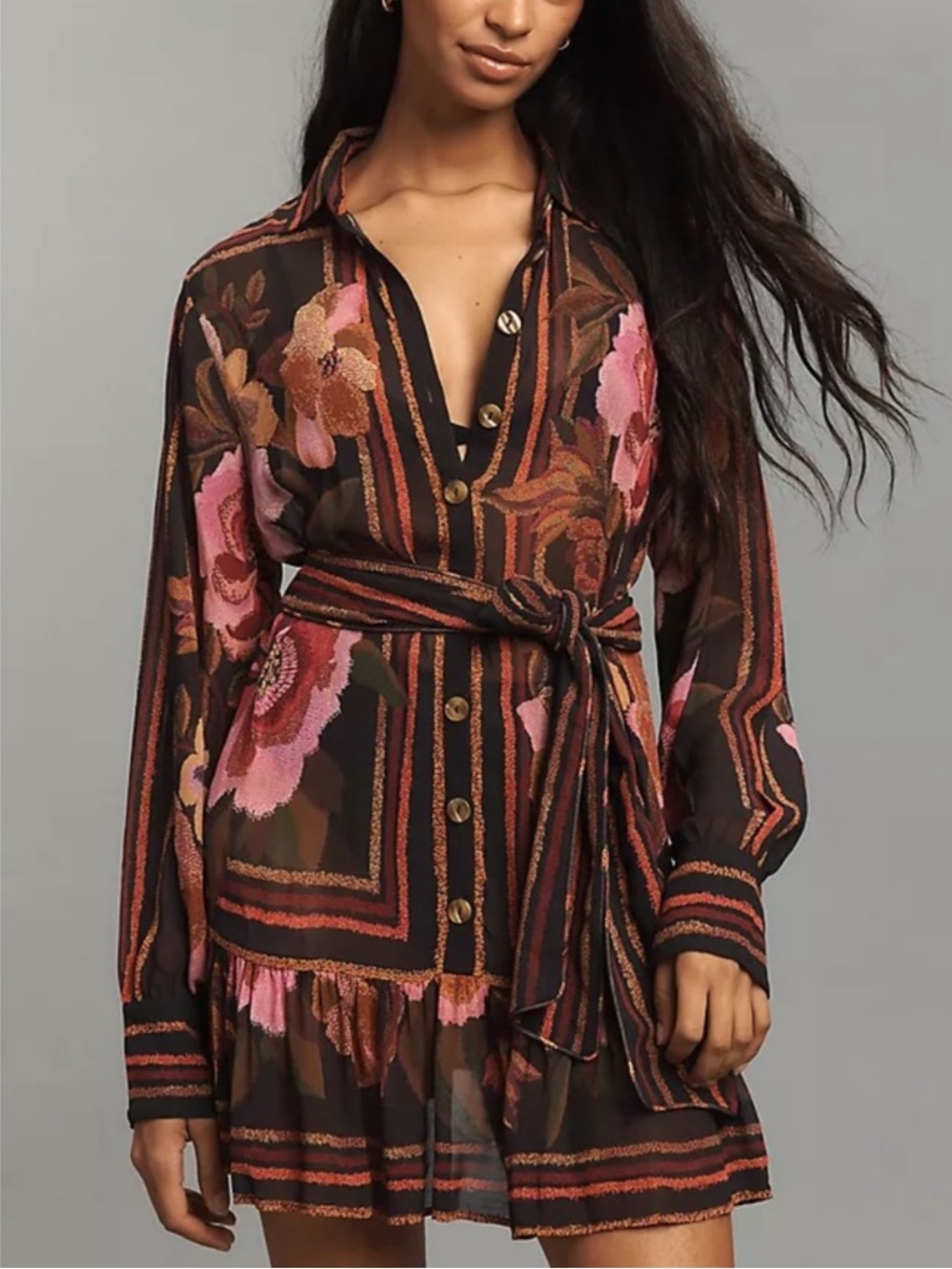 FARM Rio Chenille Flowers Mini Dress Floral Shirtdress
